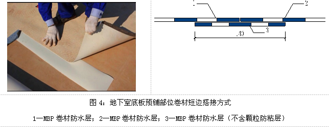 4 长边搭接:揭除卷材搭接边的隔离膜后直接搭接碾压密实,搭接宽段